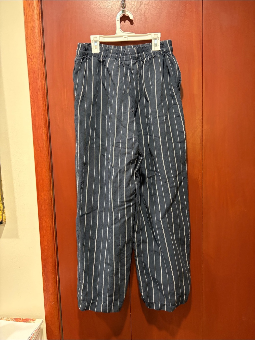 H&M Navy Blue Vertical Stripe Wide-Leg Drawstring Linen Blend Pants - Picture 4 of 9